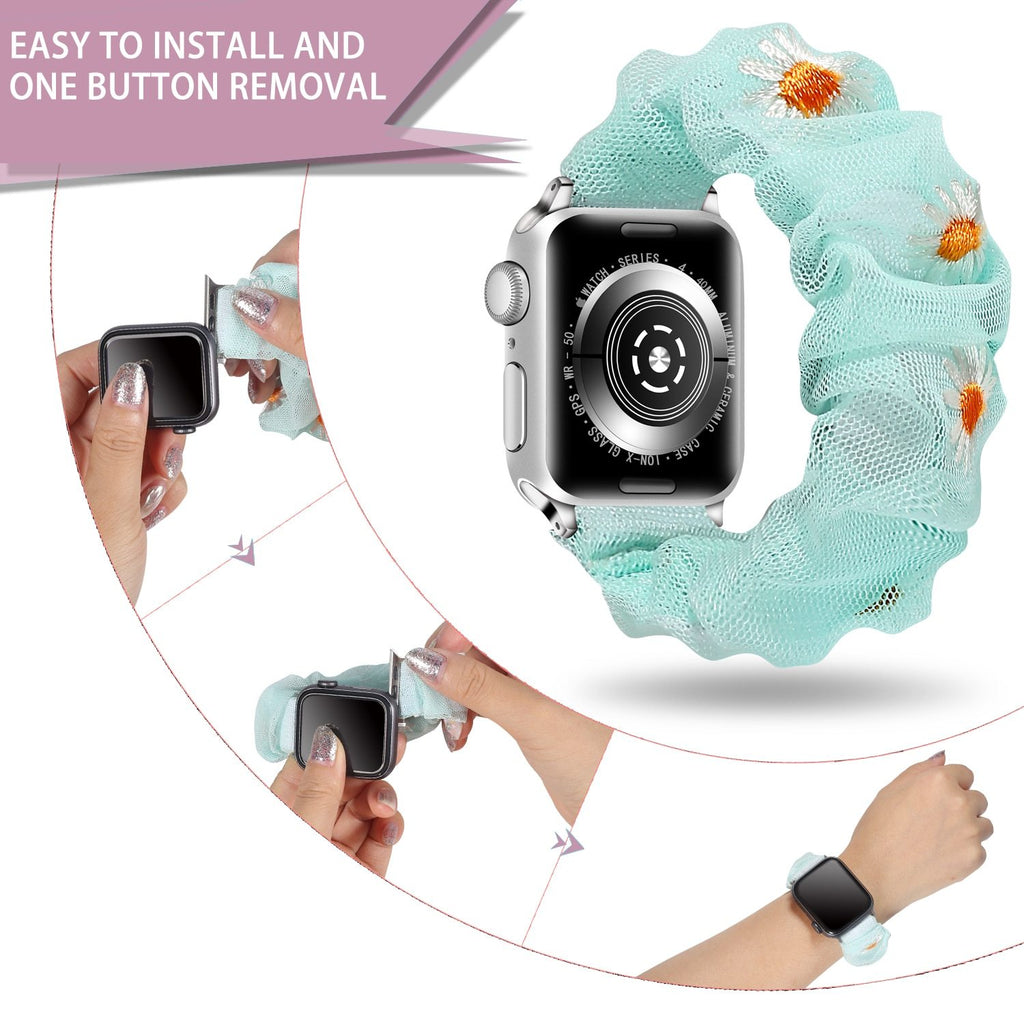 Watchbands Copy of Pink white daisy embroidered flowers on mesh chiffon breathable fabric, apple watch band straps 38 40 42 44 mm series 5 4 3 2 1