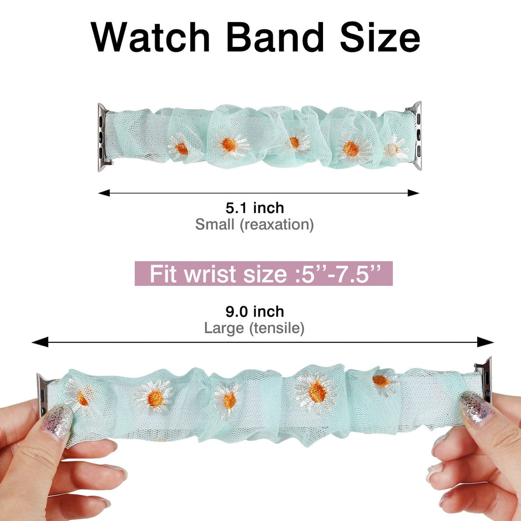 Watchbands Pink white daisy embroidered flowers on mesh chiffon breathable fabric, apple watch band straps 38 40 42 44 mm series 5 4 3 2 1