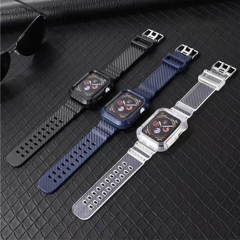 Watchbands Newest Band + Case for Apple Watch Series 6 SE 5 4 3 2 1 Silicome for iwatch Strap 38mm 40mm 42mm 44mm Plastic Carbon pattern|Watchbands|