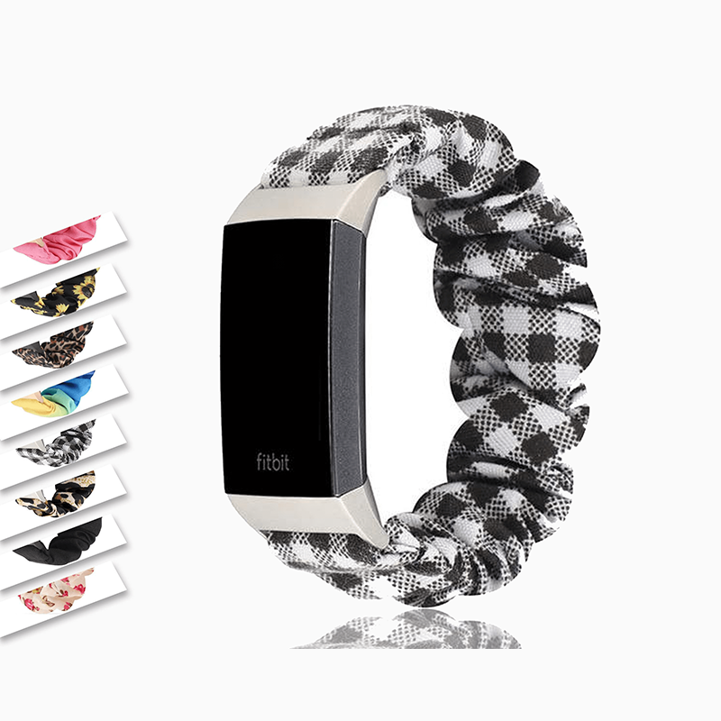 Watchbands Scrunchies Buffalo Plaid Checkered Black White Gingham Watch Band For Fitbit Charge 4 3, Women Soft Elastic Sport Bracelet ladies Watchband