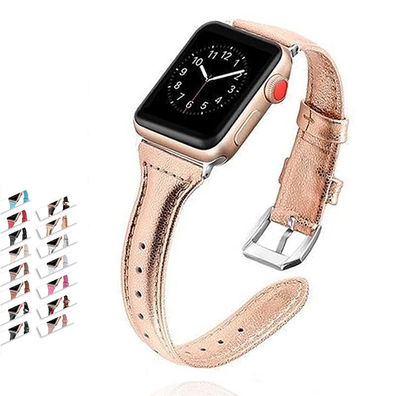 Apple Metallic Vegan leather strap For apple watch 6 5 4 42mm 38mm 44mm 40mm belt for iWatch band leather Bracelet Accessories women's - USA Fast Shipping