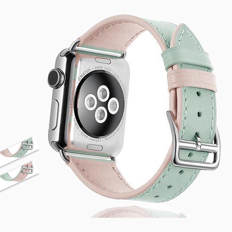 Apple Pink Apple watch band green dual color Leather bracelet strap, silver buckle watchband, iwatch 6 5 4 3 2, 38/40mm 42/44mm - US fast shipping