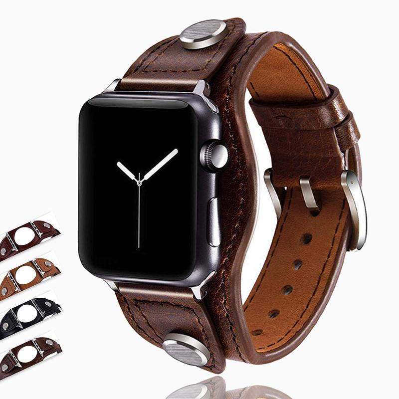 Apple Apple Watch Cuff wrap Bracelets large leather band, silver buckle gift for men, iwatch bracelet 3 4 5 6 38/40mm 42/44mm - Us fast shipping