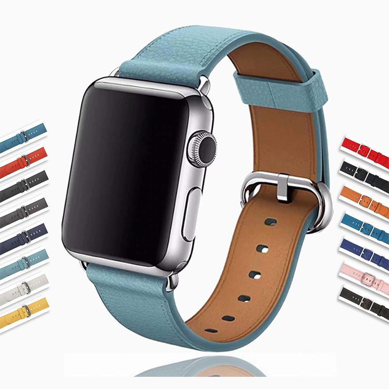 Apple Silver buckle Apple Watch Band genuine Leather Strap, iwatch blue Classic Bracelet Watchband Serie 6 5 4 3 42/44mm 38/40mm - US Fast Shipping