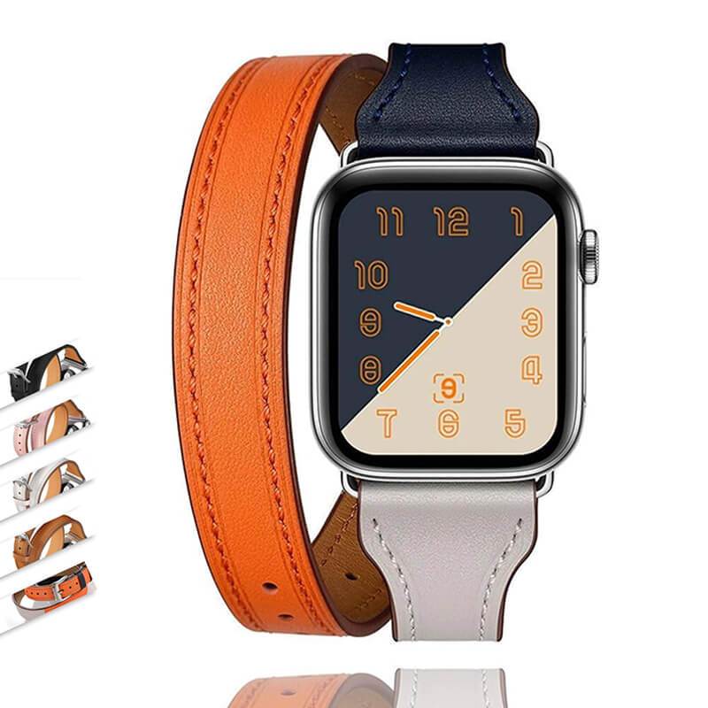 Watchbands NEW Double loop Wrist Bracelet Band For Apple Watchband, Silver Adaptor Leather Strap 42mm/38mm 44mm/40mm iwatch Series 3 2 1 Men Women
