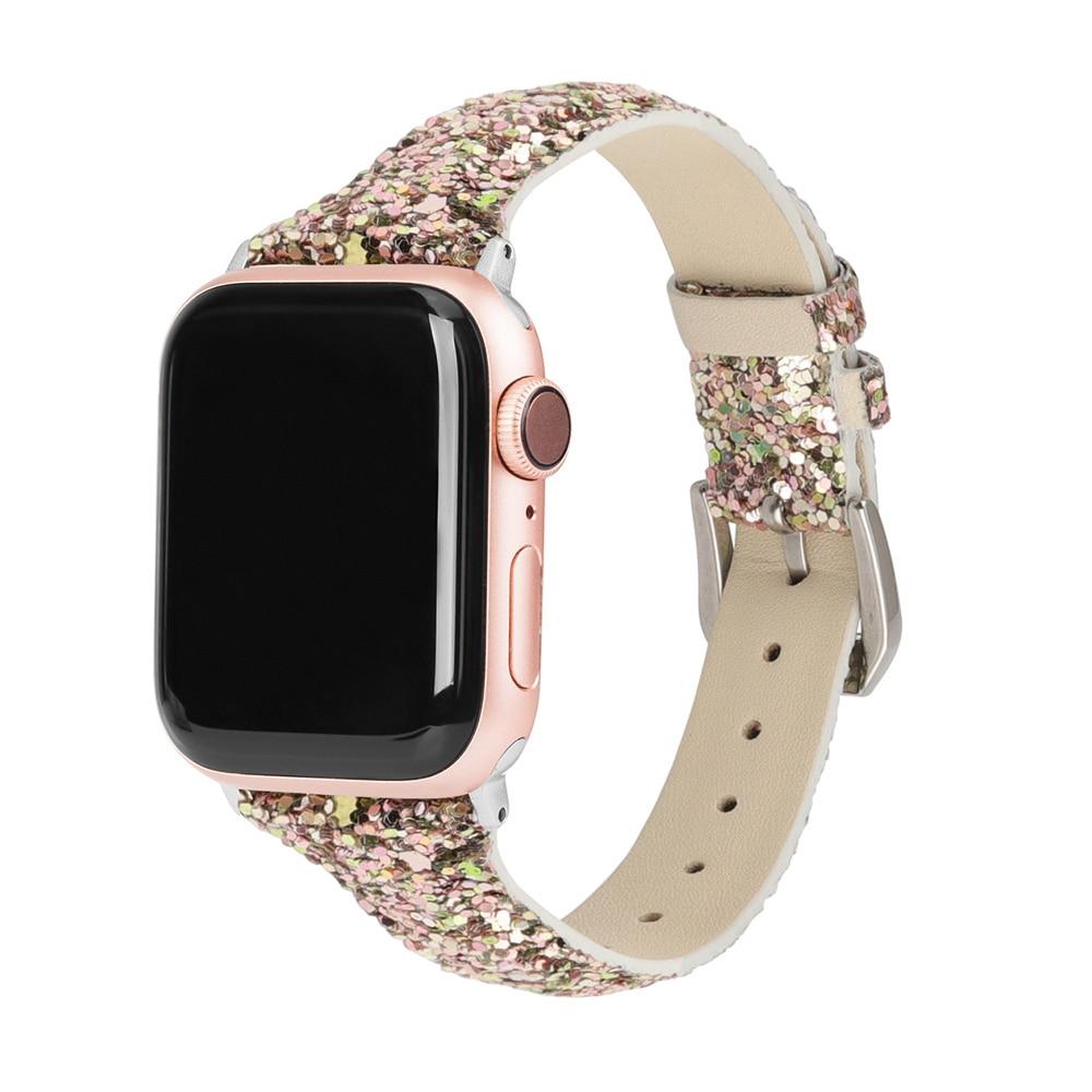 Home Silver / 38mm or 40mm Peach Thin Slim Strap For Apple Watch band 44mm 42mm 40mm 38mm Leather Bling Band Wristwatch Bracelet Shiny metallic Glitter Strap iwatch Series 5/4/3