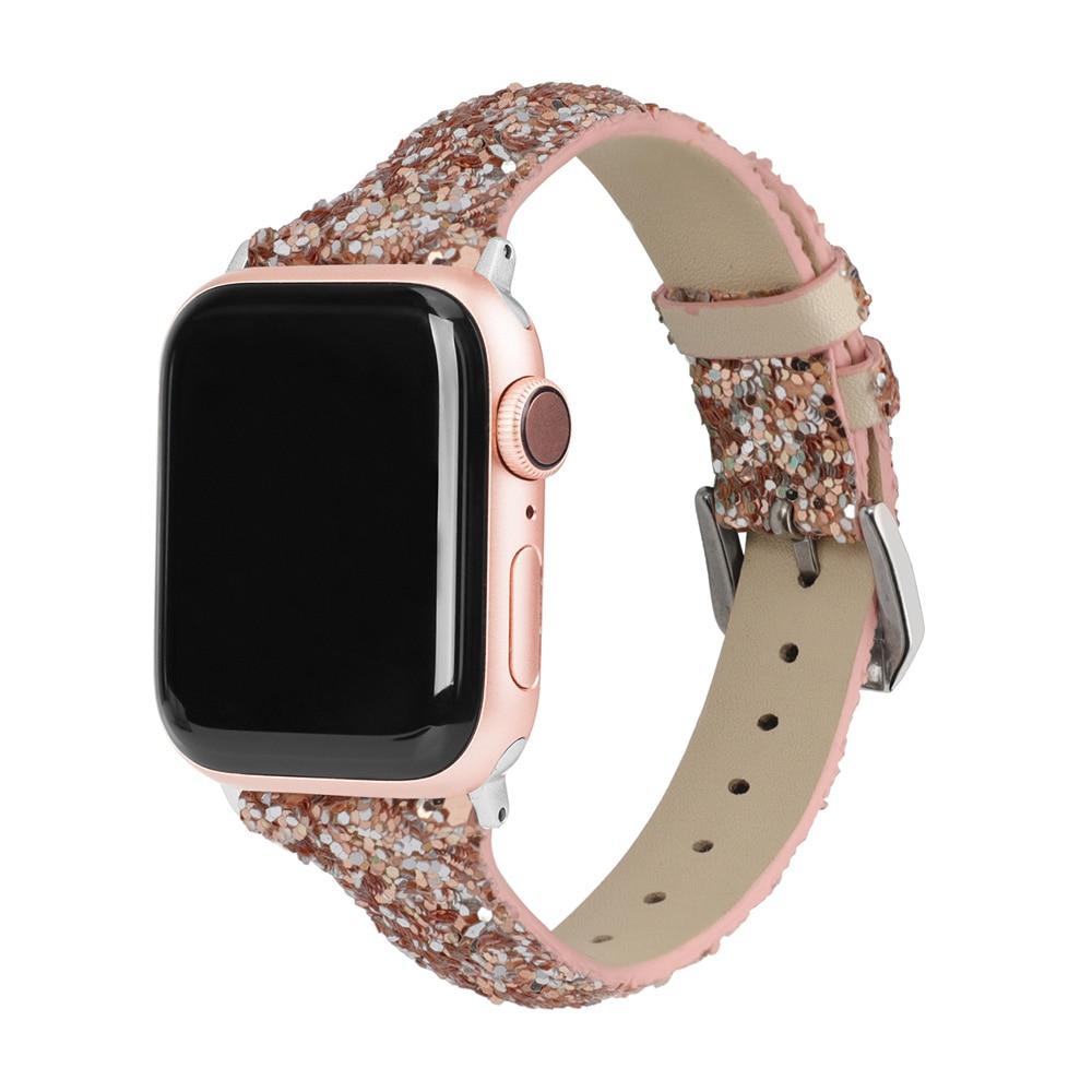 Home Peach / 38mm or 40mm Gray Thin Slim Strap For Apple Watch band 44mm 42mm 40mm 38mm Leather Bling Band Wristwatch Bracelet Shiny metallic Glitter Strap iwatch Series 5/4/3