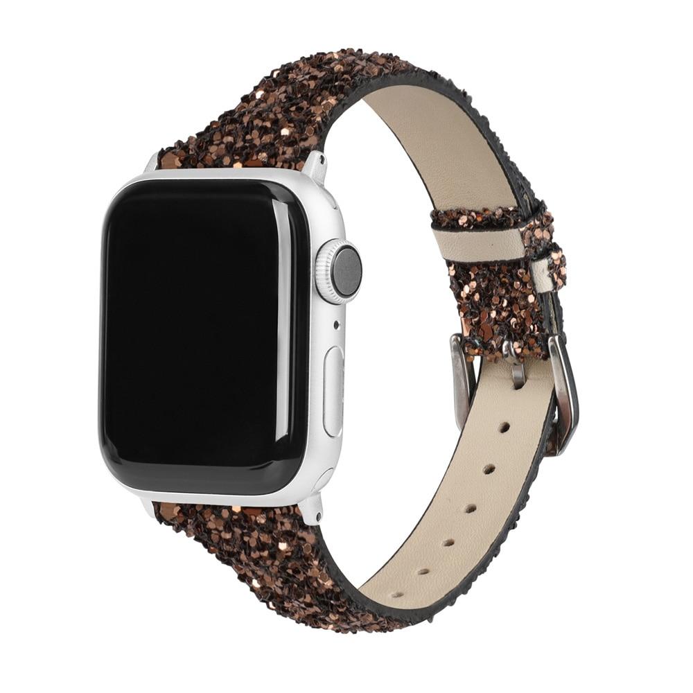 Home Chocolate Brown / 38mm or 40mm Chocolate Brown Thin Slim Strap For Apple Watch band 44mm 42mm 40mm 38mm Leather Bling Band Wristwatch Bracelet Shiny metallic Glitter Strap iwatch Series 5/4/3