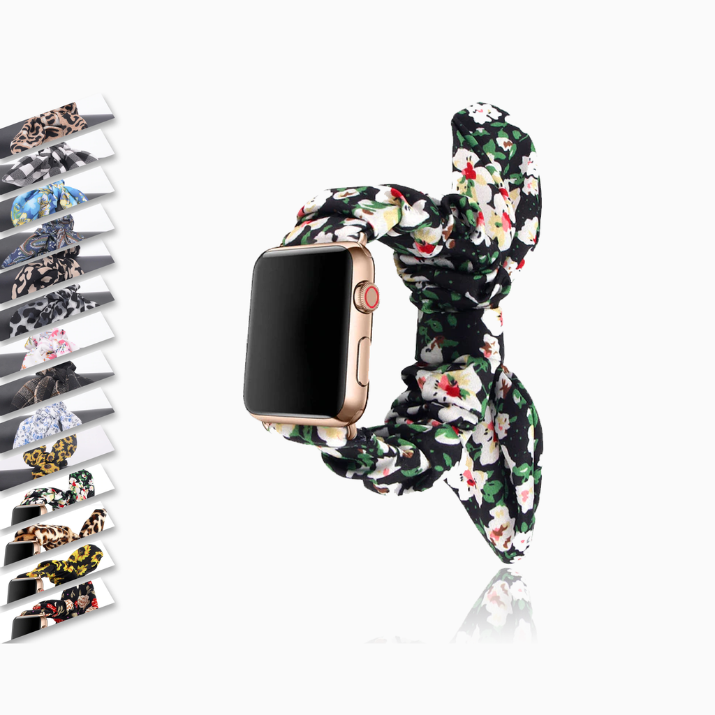 Watchbands Black white flowers, beautiful floral for her, girls, ladies, women apple watch band elastic scrunchies straps 38 40 42 44 mm series 5 4 3