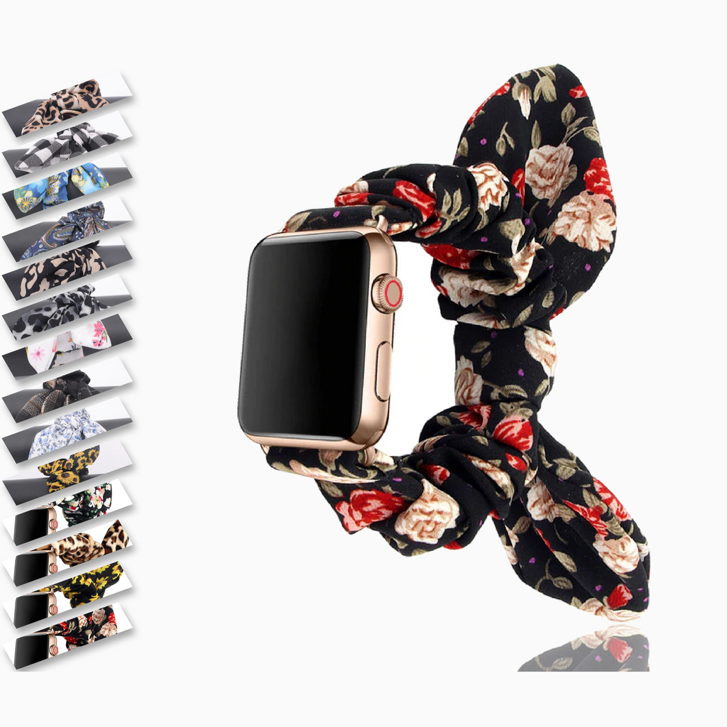 Watchbands Black red print Victorian Rose ribbon knot band, apple watch band elastic scrunchies straps 38 40 42 44 mm series 5 4 3