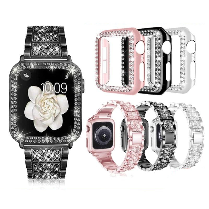 Watchbands Women Strap For Apple Watch Band 38mm 40mm 42mm 44mm Jewelry Bling Diamond Band+Protective Case for iWatch SE Series 6 5 4 3 2|Watchbands|