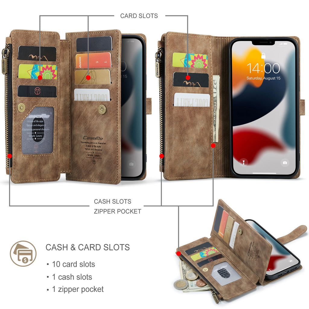 2021 CaseMe Leather Case For iPhone 11 12 13 Pro XR XS Max Zipper Wallet 2 In1 Design 7 8 SE 2020 Card Slots Phone Cover|Wallet Cases|