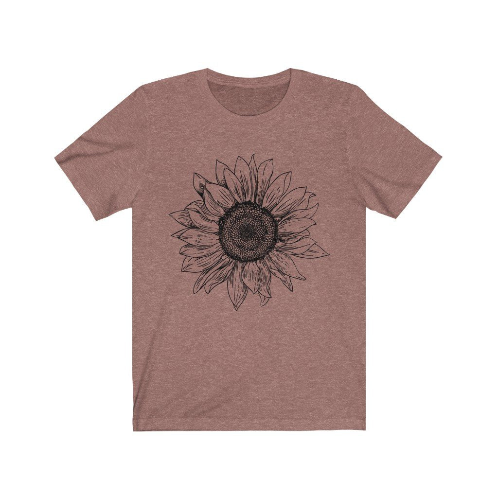 T-Shirt Heather Mauve / S Sunflower Rising ~ Womens Sunflower Tee, Flower Tee Shirt, Botanical Tee, wildflower shirt, fall tee, flower tshirt, sunflower shirt