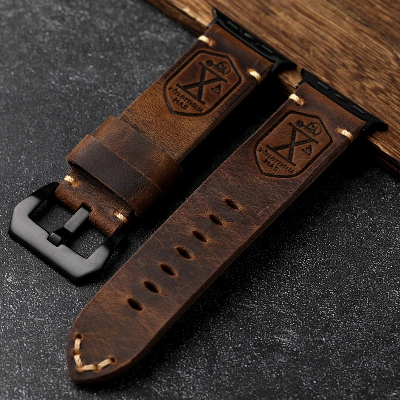 Handmade Vintage Crazy Horse Leather Bracelet 40MM 44MM 45MM 49MM Fits Apple Watch S8 Ultra Folded Thick Brown Strap