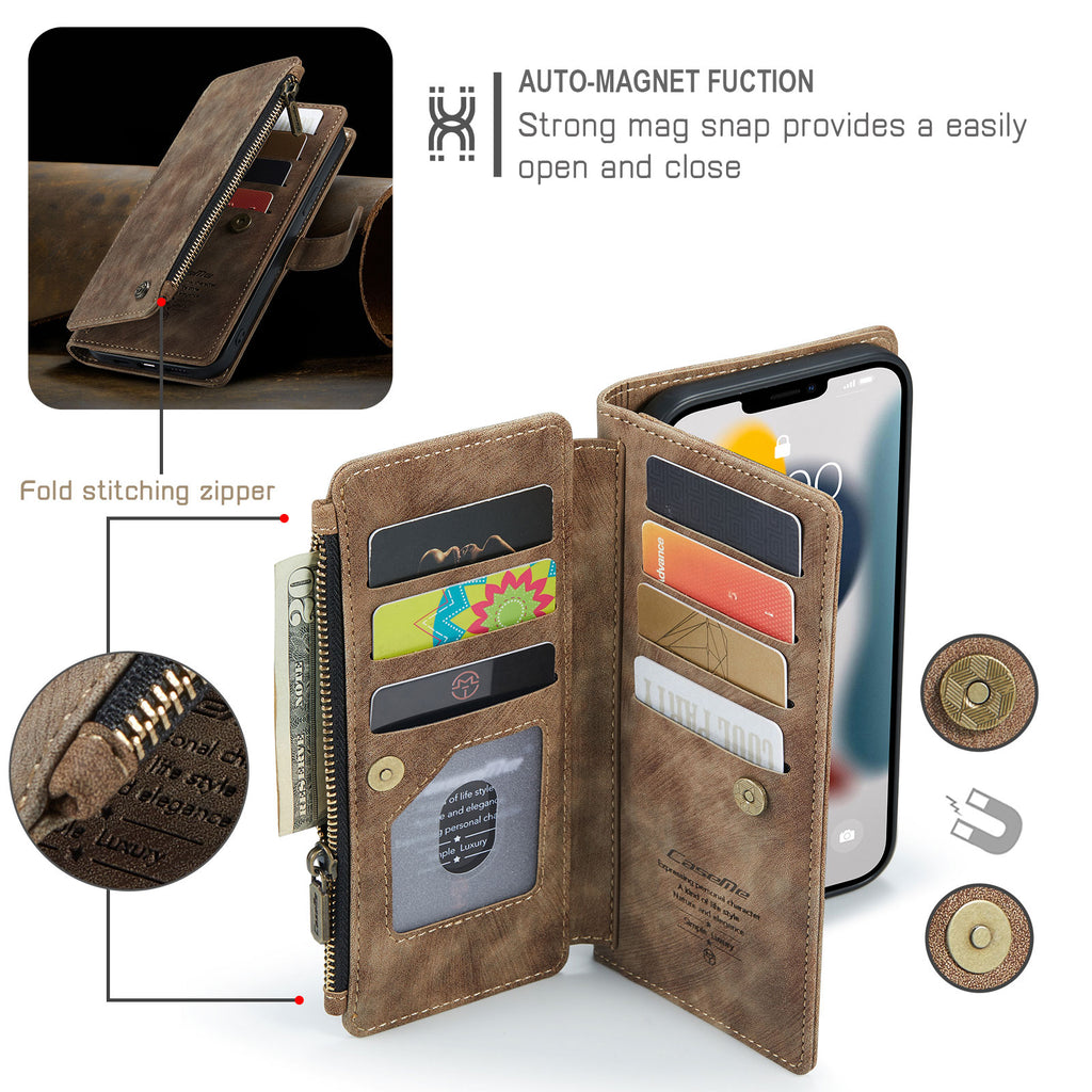 2021 CaseMe Leather Case For iPhone 11 12 13 Pro XR XS Max Zipper Wallet 2 In1 Design 7 8 SE 2020 Card Slots Phone Cover|Wallet Cases|