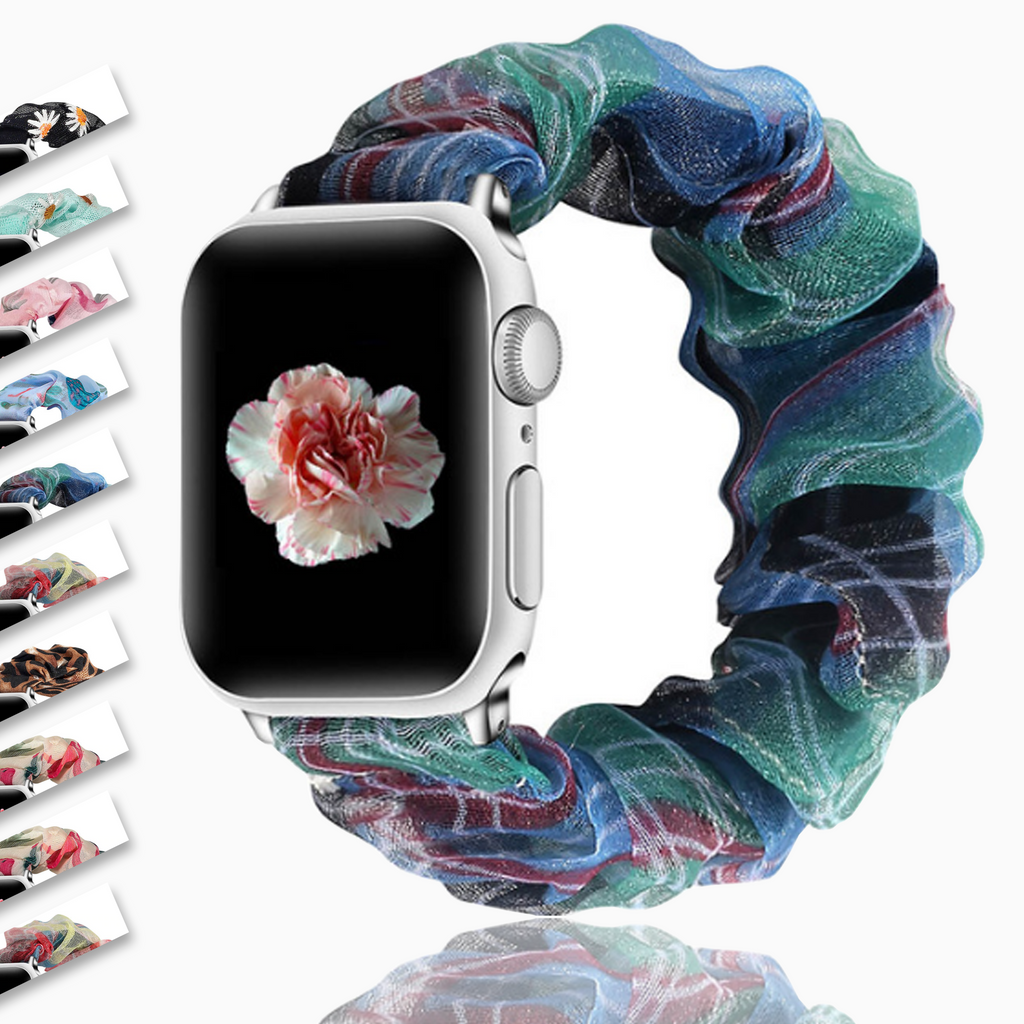 Watchbands Abstract art blue turqouise embroidered flowers on mesh chiffon breathable fabric, apple watch band straps 38 40 42 44 mm series 5 4 3 2 1