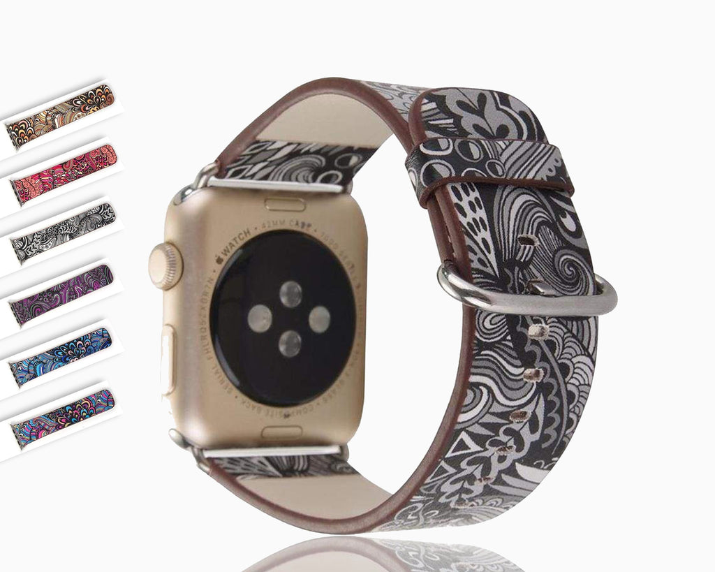 Apple Watch Leather Flower Print Band Strap Series 7 6 5 4