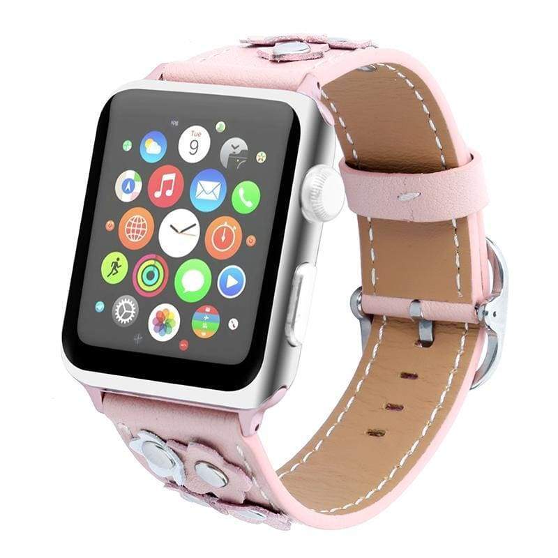 accessories Apple Watch Series 5 4 3 2 Band, Genuine Leather Loop Nail Flower Strap Women Bracelet With Adapter Connector 38mm, 40mm, 42mm, 44mm