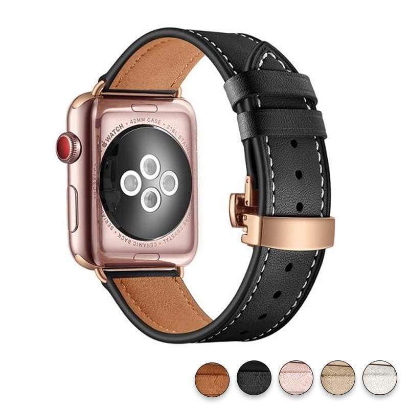 accessories Black / 38mm / 42mm Apple Watch Series 5 4 3 2 Band, Genuine Leather, Rose Gold Connectors & Buckle, fits Nike, hermes 38mm, 40mm, 42mm, 44mm - US Fast Shipping