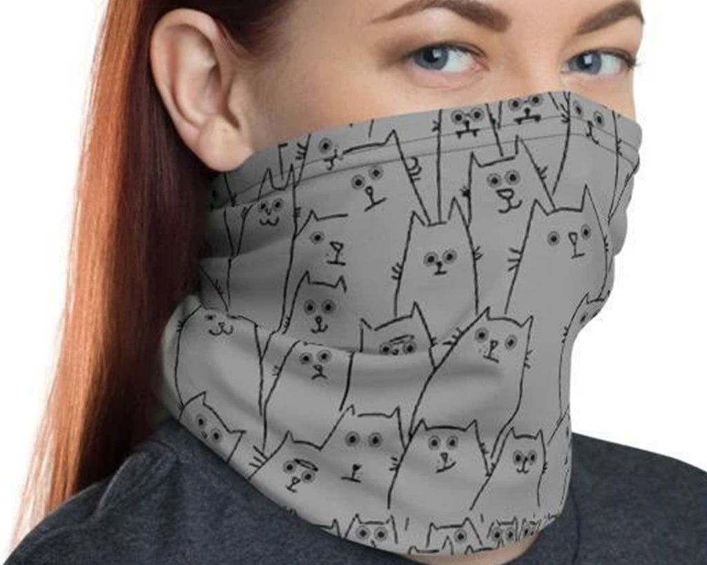 Animated funny cute Kitty cat happy grey pattern, neck gaiter face cover, head wear headband wrap, balaclava mask beanie wristband - US Fast Shipping