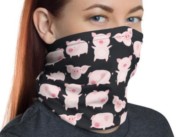 Animated cartoon pigs, funny cute piglets, Neck gaiter warmer face cover tube scarf beanie hood balaclava mask Head wrap Handmade in US - US Fast Shipping
