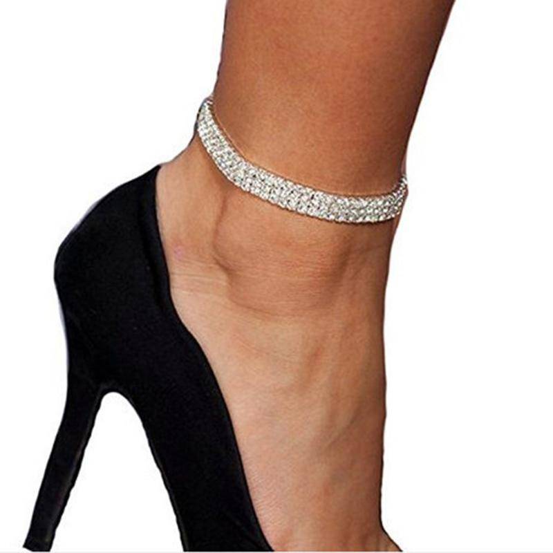 Anklet Elastic Stretch Foot anklet Double Rhinestone Anklet Silver