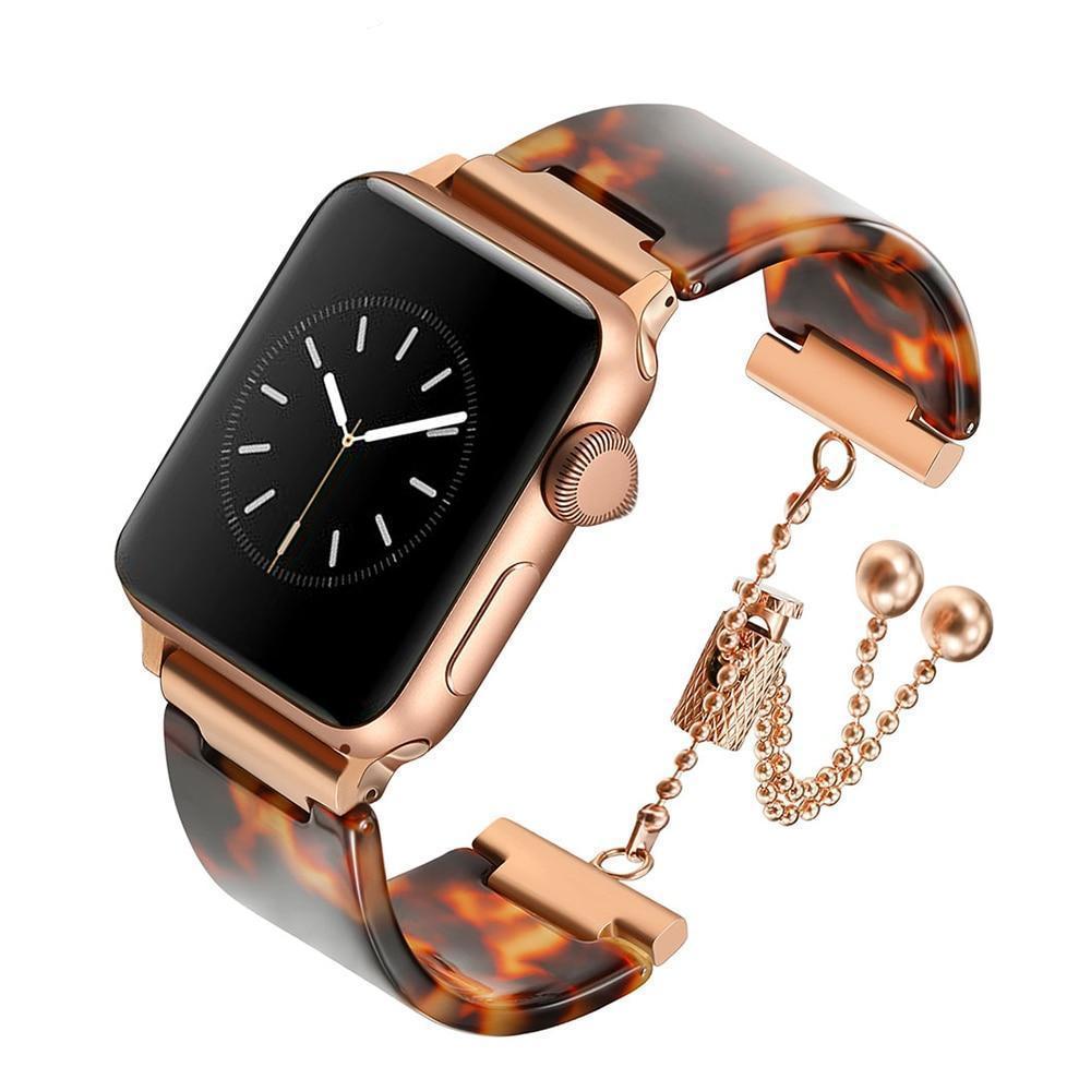 Apple 38mm Apple Watch Series 5 4 3 2 Band, Brown Resin cuff, Rose gold Stainless Steel Women Jewelry Band Wrist Strap Bracelet 38mm, 40mm, 42mm, 44mm