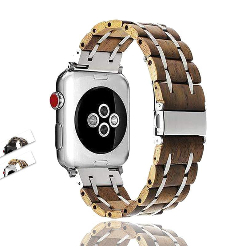 Wood Stainless Steel mix Watchband for iWatch Fits Series 7 6 5 4 3