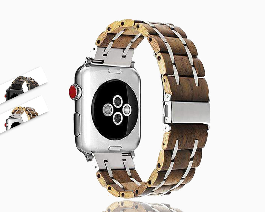 Wood Stainless Steel mix Watchband for iWatch Fits Series 7 6 5 4 3