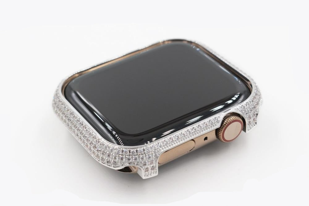 Veja o Casefor Apple Watch Series 4/5/6 44 mm/se 44 mm Moda  electromatização de duas linhas rhinestones decoração Smart Watch metade  caixa Tampa anticolisão PC - Rosa/Dourado - China Estojo de relógio