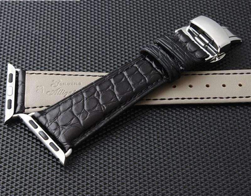 Apple Apple Watch Series 5 4 3 2 Band, Genuine Crocodile Leather, Silver Butterfly Buckle Strap Black and Brown 38mm, 40mm, 42mm, 44mm