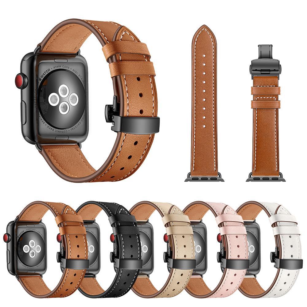 Apple Apple Watch Series 5 4 3 2 Band, Leather Strap Stainless Steel Butterfly Loop watchband bracelet 38mm, 40mm, 42mm, 44mm US Fast Shipping