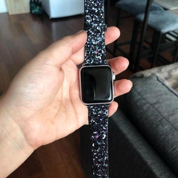 Apple Apple Watch Band 6 5 4 Glitter Bling Leather Silver Adapter Watchbands
