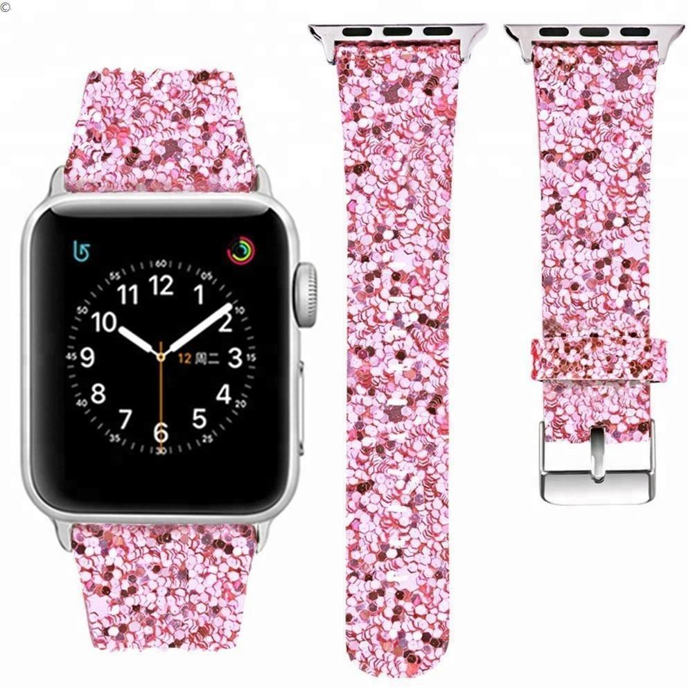 Sparkle Crackle Leather Apple Watch Band Connector - Pink Trim Sparkly Glitter Leather Apple Watch Band – Fancy Bands main image 3