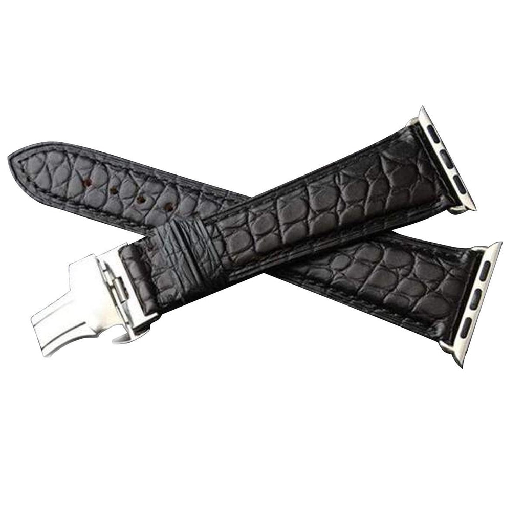 Apple Black / 38mm / 40mm Apple Watch Series 5 4 3 2 Band, Genuine Crocodile Leather, Silver Butterfly Buckle Strap Black and Brown 38mm, 40mm, 42mm, 44mm