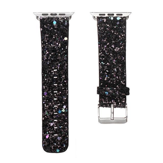 Apple Black / 38mm / 40mm Apple Watch Band 6 5 4 Glitter Bling Leather Silver Adapter Watchbands