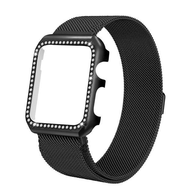 Apple black / 38mm Strap & Diamond Case Apple Watch bundle 38mm 40mm 44mm 42mm Stainless Steel band Milanese Loop Bracelet for iWatch 4 3 2 1