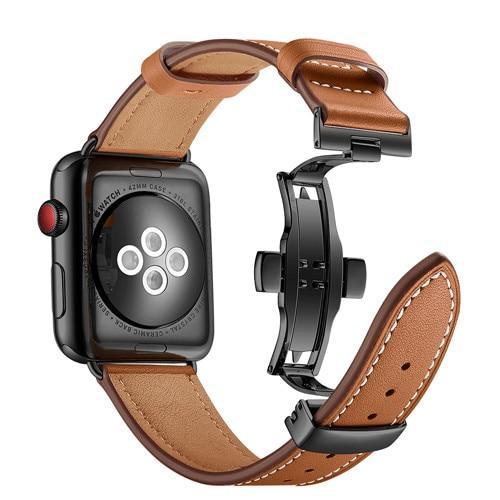 Apple Black button10 / 38mm / 40mm Apple Watch Series 5 4 3 2 Band, Leather Strap Stainless Steel Butterfly Loop watchband bracelet 38mm, 40mm, 42mm, 44mm US Fast Shipping