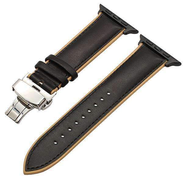 Apple Black Yellow B / 38mm Genuine Leather Watchband for iWatch Apple Watch 38mm 40mm 42mm 44mm Series 1 2 3 4 Dual Color Band Butterfly Clasp Strap