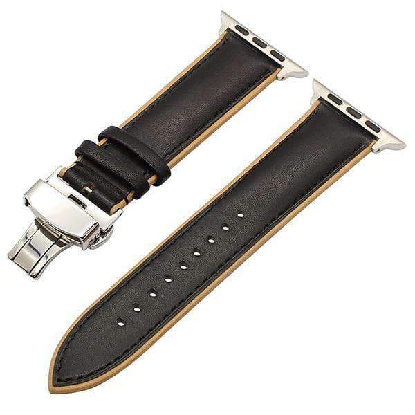 Apple Black Yellow S / 38mm Genuine Leather Watchband for iWatch Apple Watch 38mm 40mm 42mm 44mm Series 1 2 3 4 Dual Color Band Butterfly Clasp Strap