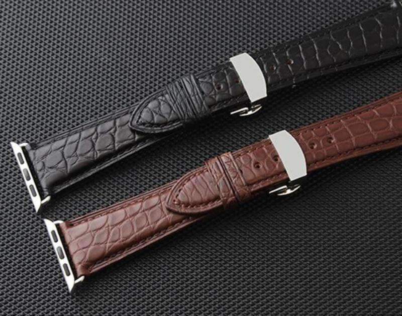 Apple Brown / 38mm / 40mm Apple Watch Series 5 4 3 2 Band, Genuine Crocodile Leather, Silver Butterfly Buckle Strap Black and Brown 38mm, 40mm, 42mm, 44mm