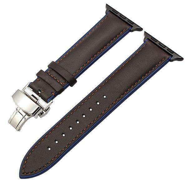Apple Brown Blue B / 38mm Genuine Leather Watchband for iWatch Apple Watch 38mm 40mm 42mm 44mm Series 1 2 3 4 Dual Color Band Butterfly Clasp Strap