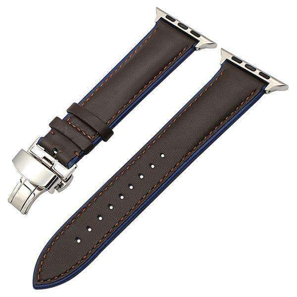 Apple Brown Blue S / 38mm Genuine Leather Watchband for iWatch Apple Watch 38mm 40mm 42mm 44mm Series 1 2 3 4 Dual Color Band Butterfly Clasp Strap