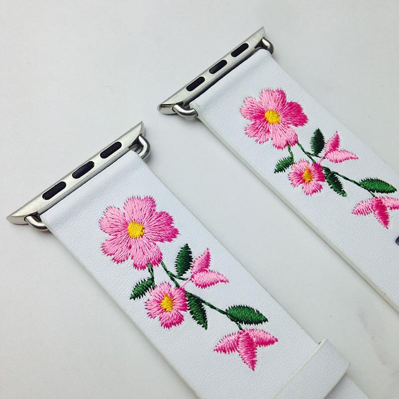 Apple Faux Leather Watchband For Apple Watch 38mm 42mm Red Flower Embroidery Women Men Replace Bracelet Strap Band for iwatch 1 2 3