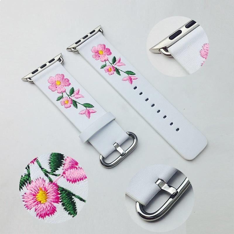 Floral Flower Watchband Embroidery Faux Pu Leather Silver Buckle 7 6 5