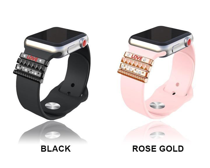 Fits 38mm only, Original Silicone Strap Ornament for Apple Watch Band Series 1 2 3 4 Stainless Steel Metal women's Decorative Ring loop "LOVE" Gift