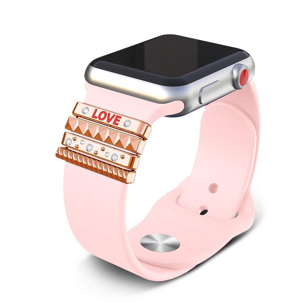 Apple Fits 38mm only, Original Silicone Strap Ornament for Apple Watch Band Series 1 2 3 4 Stainless Steel Metal women's Decorative Ring loop "LOVE" Gift