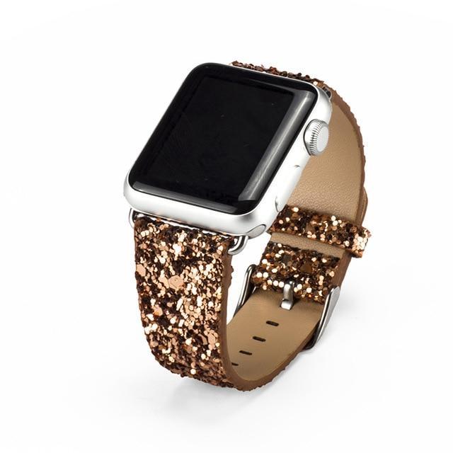 Apple Gold / 38mm / 40mm Apple Watch Band Series 6 5 4 3 2 1 Luxury Sparkle Glitter Bling Leather Strap with Silver Adapter iWatch 38/40mm 42/44mm Bracelet Watchband