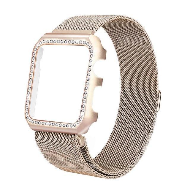 Apple gold / 38mm Strap & Diamond Case Apple Watch bundle 38mm 40mm 44mm 42mm Stainless Steel band Milanese Loop Bracelet for iWatch 4 3 2 1
