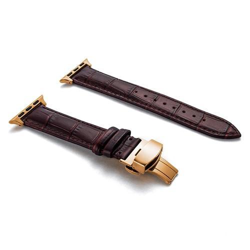 Apple Gold buckle with brown leather brown string / 38MM Apple Watch Series 5 4 3 2 Band, Crocodile Grain cow Leather Butterfly Buckle Bands iWatch 38mm, 40mm, 42mm, 44mm -  US Fast Shipping